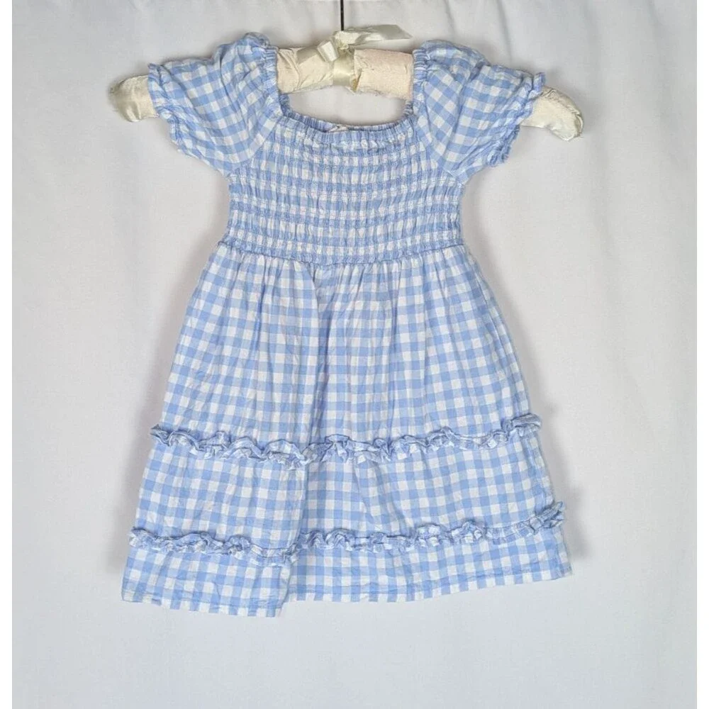 The Children's Place Smocked Dress 2T Toddler Blue White Gingham Poplin Ruffle